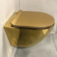 GOLDEN TOILET WALL HUNG COMPACT RIMLESS GOLD WC WITH SLIM SOFT CLOSING SEAT