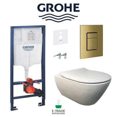 GROHE Rapid Frame + Brushed Gold Flush Plate with Villeroy & Boch Subway 2.0 Rimless Soft Closing WC