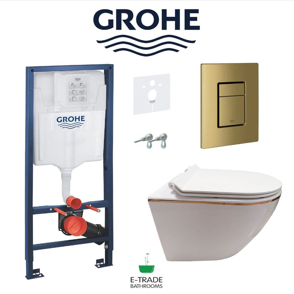 GROHE Rapid SL Frame Brushed Gold GROHE Flush Plate Rimless Soft Closing WC