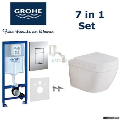 GROHE WC FRAME & GROHE EURO CERAMIC RIMLESS WALL HUNG WC TOILET +SOFT CLOSE SEAT