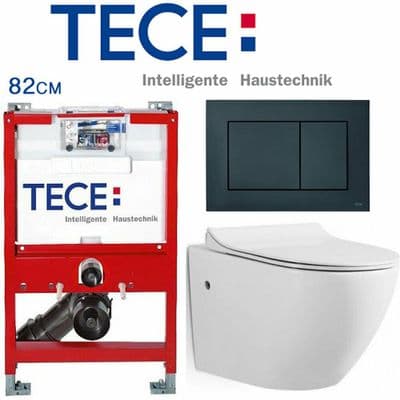 TECE 82cm WC TOILET FRAME FLUSH PLATE IN MATTE BLACK WALL HUNG RIMLESS WC SOFT CLOSING