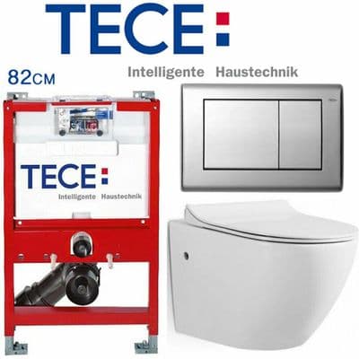 TECE 82cm WC TOILET FRAME +FLUSH PLATE +WALL HUNG RIMLESS WC + SOFT CLOSING SEAT