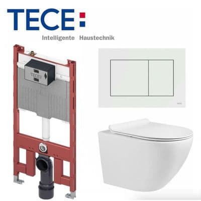 TECE 8cm SLIM FRAME  FLUSH PLATE COMPACT RIMLESS WALL HUNG TOILET SOFT CLOSING