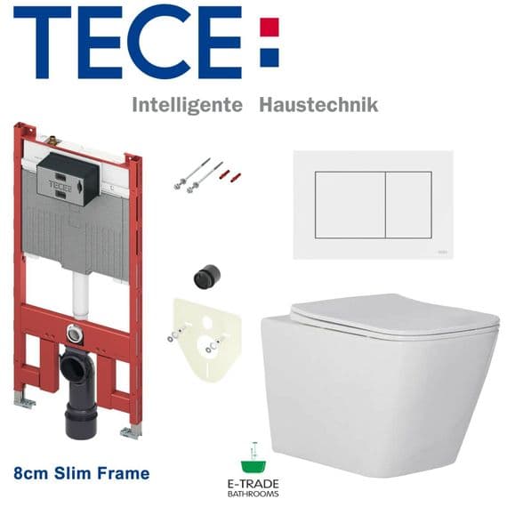 TECE 8cm SLIM FRAME + FLUSH PLATE + COMPACT RIMLESS WALL HUNG TOILET SOFT CLOSING