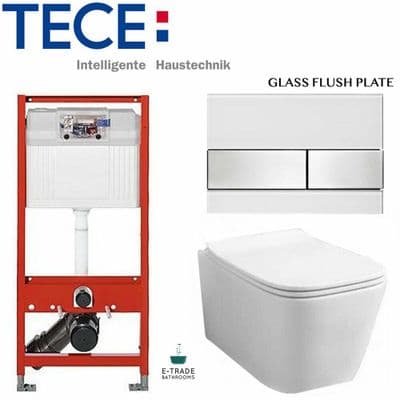 TECE TOILET FRAME 112 WHITE GLASS FLUSH PLATE WALL HUNG RIMLESS WC SOFT CLOSING