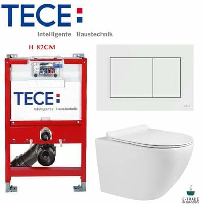 TECE WC SHORT FRAME 82cm FLUSH PLATE COMPACT RIMLESS WALL HUNG TOILET SOFT CLOSING
