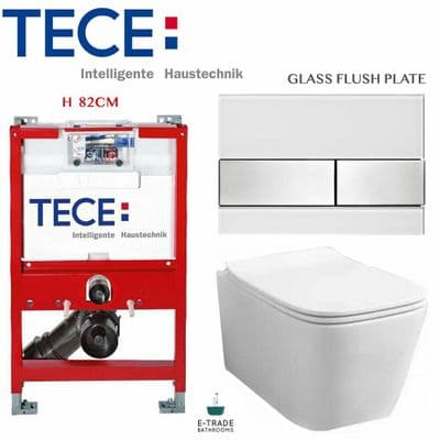TECE WC SHORT FRAME 82cm GLASS FLUSH PLATE RIMLESS WALL HUNG TOILET SOFT CLOSING