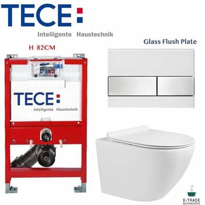 TECE WC SHORT FRAME 82cm GLASS PLATE COMPACT RIMLESS WALL HUNG TOILET SOFT CLOS