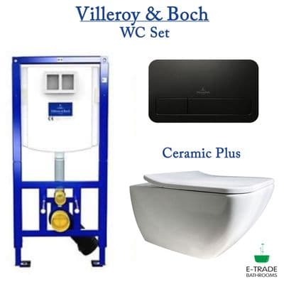Villeroy&Boch VICONNECT+E200 Black Flush Plate+VENTICELLO Ceramic PLUS  Rimless Soft Close WC
