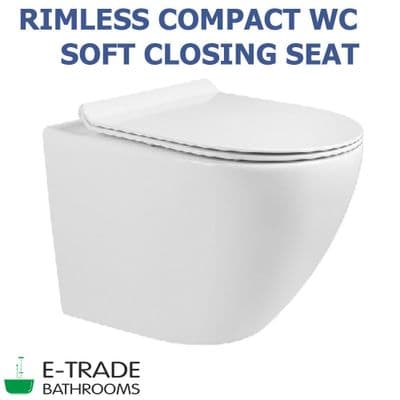 WALL HUNG WC COMPACT TOILET RIMLESS PAN WITH SLIM SOFT CLOSING EASY RELEASE SEAT