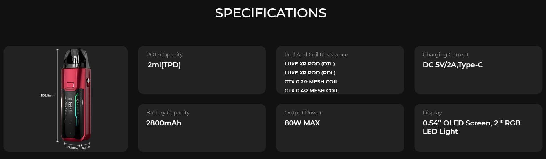 Vaporesso Luxe PM40 Specifications Specs