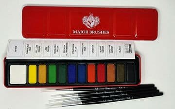 12 Block Watercolour Paints Tin Z1000 and 4 Paintbrushes by Major Brushes
