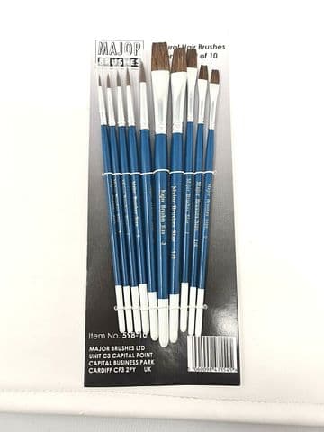Major Brushes Set of 10 Natural Pony Hair Paintbrushes Round and Flat Mixed Size