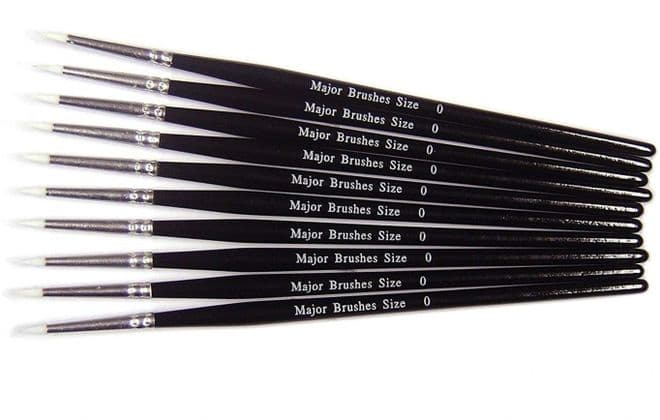 Pack of 10 White Synthetic Sable Substitute Size 0 Round Brushes, Black Handle