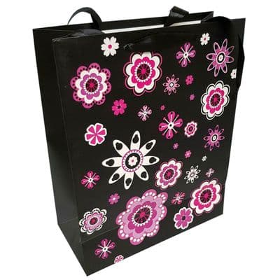 10 x LARGE PINK AND BLACK FLOWER GIFT BAG birthday present christmas