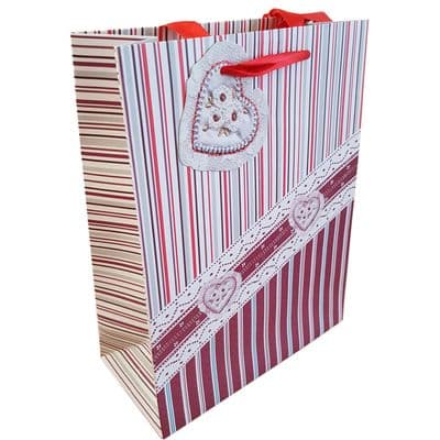 10 x MAROON STRIPED LACE HEART GIFT BAG birthday present christmas
