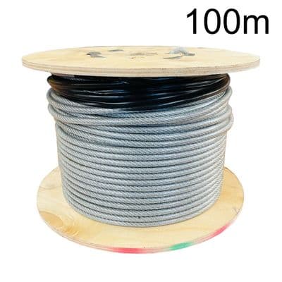 100 metres 3mm GALVANISED 7 x 7 WIRE ROPE CLEAR PVC COATED to 4mm gym rigging