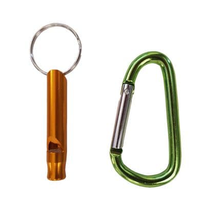 2 pcs CARABINER Spring clip WHISTLE + CARBINE HOOK camping hiking  KEYRING SET