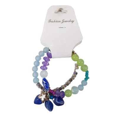 2 x MULTI COLOURED DOUBLE RING BRACELET with BLUE GEMS and SILVER STAR jewellery
