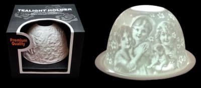 2 x WHITE PORCELAIN CHINA TEA LIGHT CANDLE HOLDER BOWL WITH SAUCER children/dog