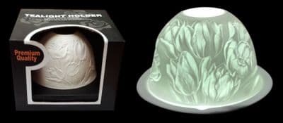 2 x WHITE PORCELAIN CHINA TEA LIGHT CANDLE HOLDER BOWL WITH SAUCER tulips