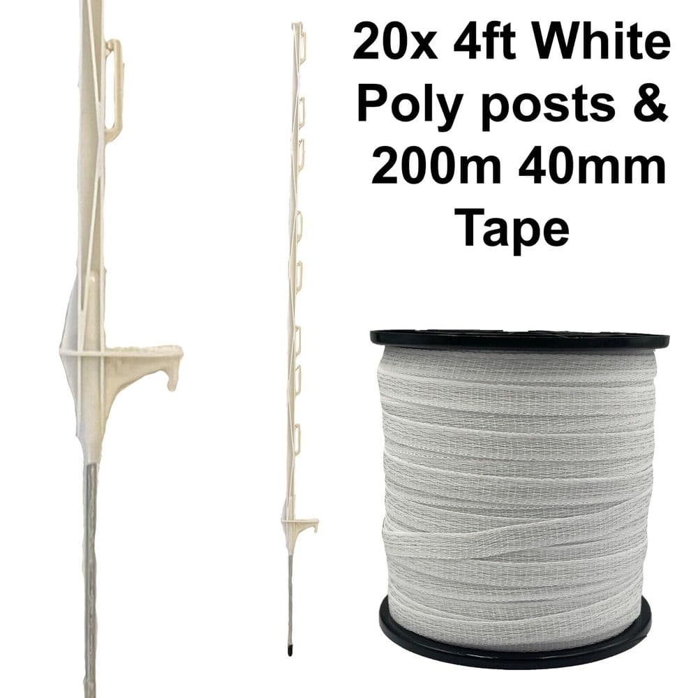 20 x 4ft 120cm Electric Fence White Posts with 200m of 40mm Poly Tape ...