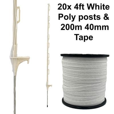 20 x 4ft (120cm) Electric Fence White Posts with 200m of 40mm Poly Tape Fencing