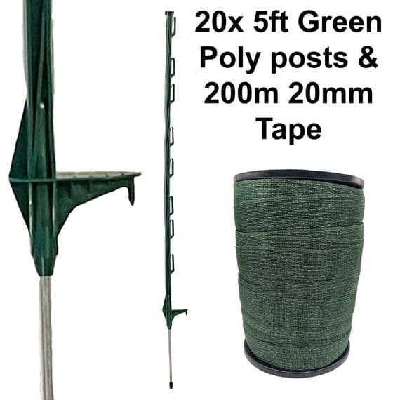 20 x 5ft (160cm) Electric Fence Green Posts with 200m of 20mm Poly Tape Fencing