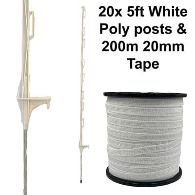 20 x 5ft (160cm) Electric Fence White Posts with 200m of 20mm Poly Tape Fencing