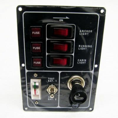 3 GANG 12v MARINE SWITCH PANEL with CIGARETTE LIGHTER and BATTERY TEST boat