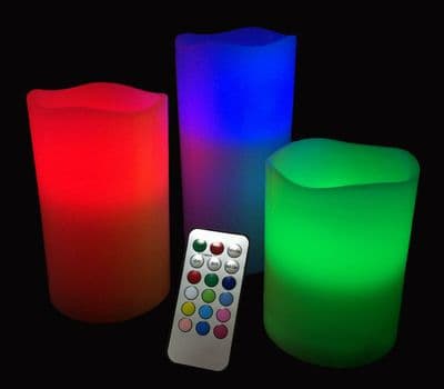 3 pcs REMOTE CONTROL COLOUR CHANGING flameless paraffin WAX CANDLES 10xAAAs inc