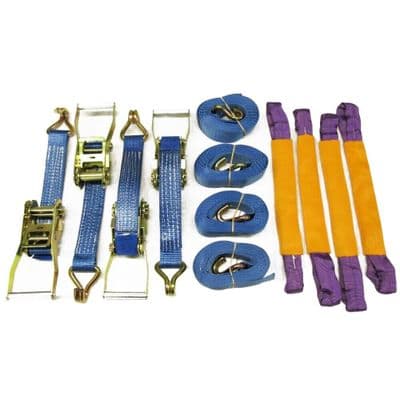 4 x Recovery Ratchet Wheel Strap Set 50MM 6 Metre 5T With Round Slings Tie Down