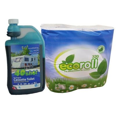 40 SHOT CASSETTE TOILET CHEMICAL + ECO TOILET ROLL caravan motorhome camping