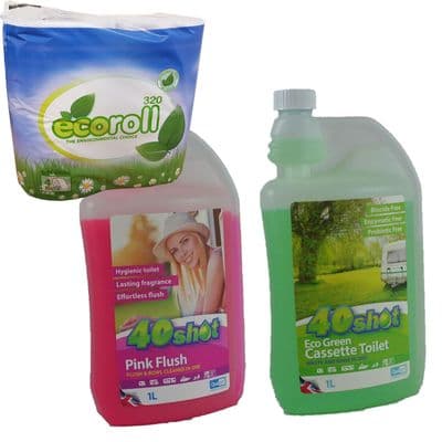 40 SHOT ECO CHEMICAL + PORTABLE TOILET PINK+ ECO ROLL caravan motorhome boat