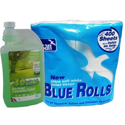 40 SHOT ECO GREEN PORTABLE TOILET CHEMICAL + TOILET ROLL caravan motorhome