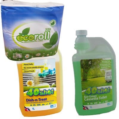 40 SHOT ECO TOILET CHEMICAL + DISH N' TREAT + ECO ROLL caravan motorhome boat
