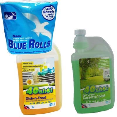 40 SHOT ECO TOILET CHEMICAL + DISH N' TREAT + TOILET ROLL caravan motorhome boat