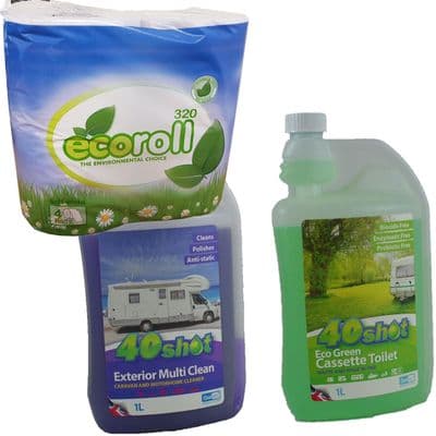 40 SHOT ECO TOILET CHEMICAL + EXTERIOR MULTI CLEAN + ECO ROLL caravan motorhome