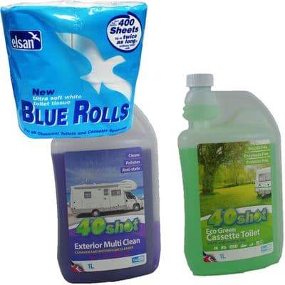 40 SHOT ECO TOILET CHEMICAL + EXTERIOR MULTI CLEAN TOILET ROLL caravan motorhome