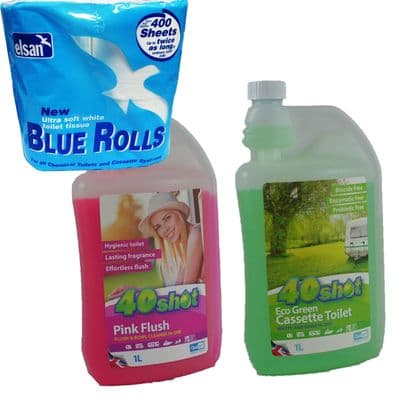 40 SHOT ECO TOILET CHEMICAL +  PINK FLUSH + TOILET ROLL caravan motorhome boat