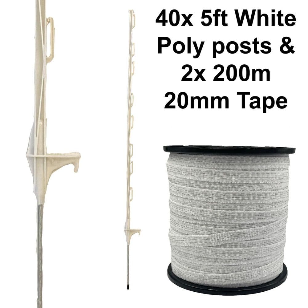 40 x 5ft 160cm Electric Fence White Posts 2 x 200m of 20mm Poly Tape ...