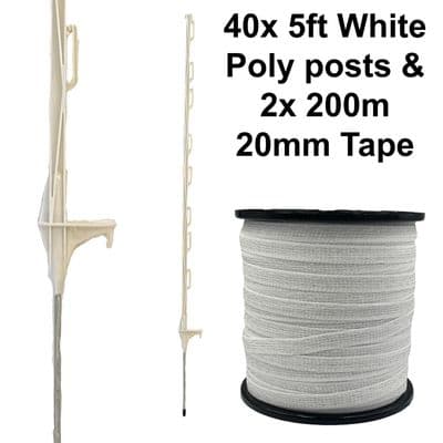 40 x 5ft (160cm) Electric Fence White Posts + 2 x 200m of 20mm Poly Tape Fencing