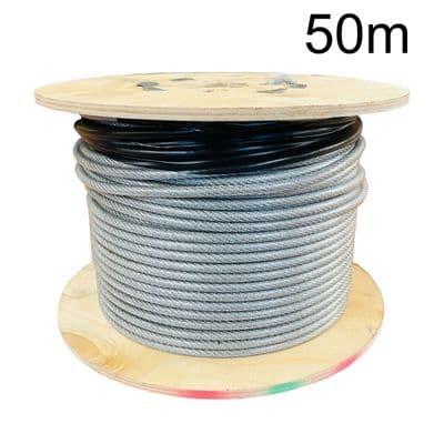 50 metres 3mm GALVANISED 7 x 7 WIRE ROPE CLEAR PVC COATED to 5mm gym rigging