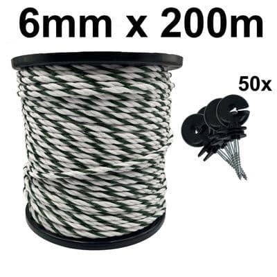 6mm Electric Fence White and Green Poly Rope - 200m Roll with 50 Ring Insulators