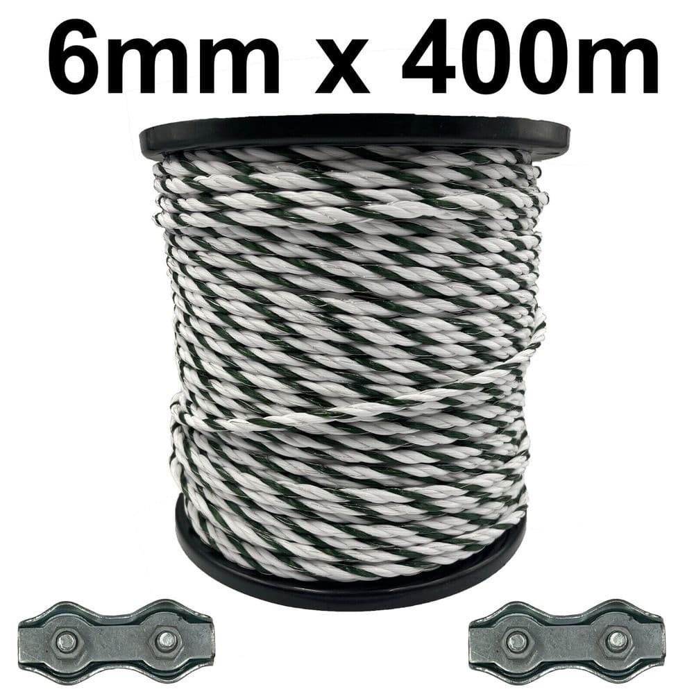 6mm Electric Fence White and Green Poly Rope - 400m 2 connectors horse ...