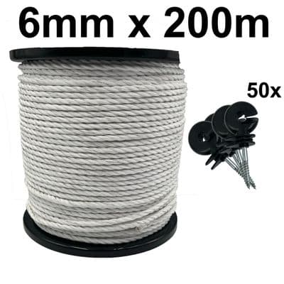 6mm Electric Fence White Poly Rope - 200m Roll with 50 Standard Ring Insulators