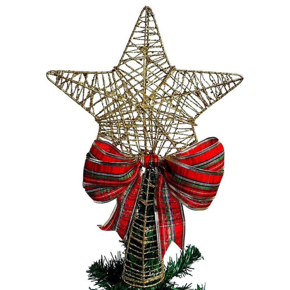 CHRISTMAS TREE TOPPER GOLD STAR GLITTER with FESTIVE BOW DECORATION