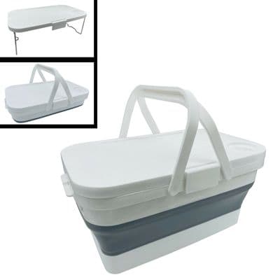 COLLAPSIBLE FOLDING  PICNIC BASKET with TABLE TOP LID caravan camping motorhome