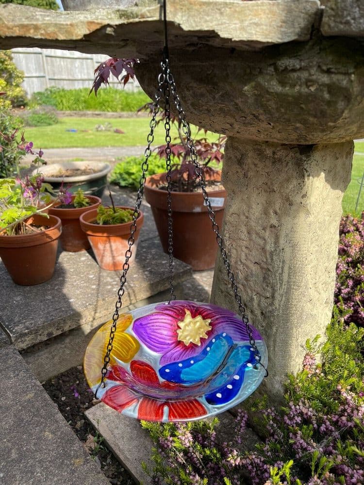 GARDEN BUTTERFLY HANGING GLASS BIRD BATH FEEDER tree LH01743