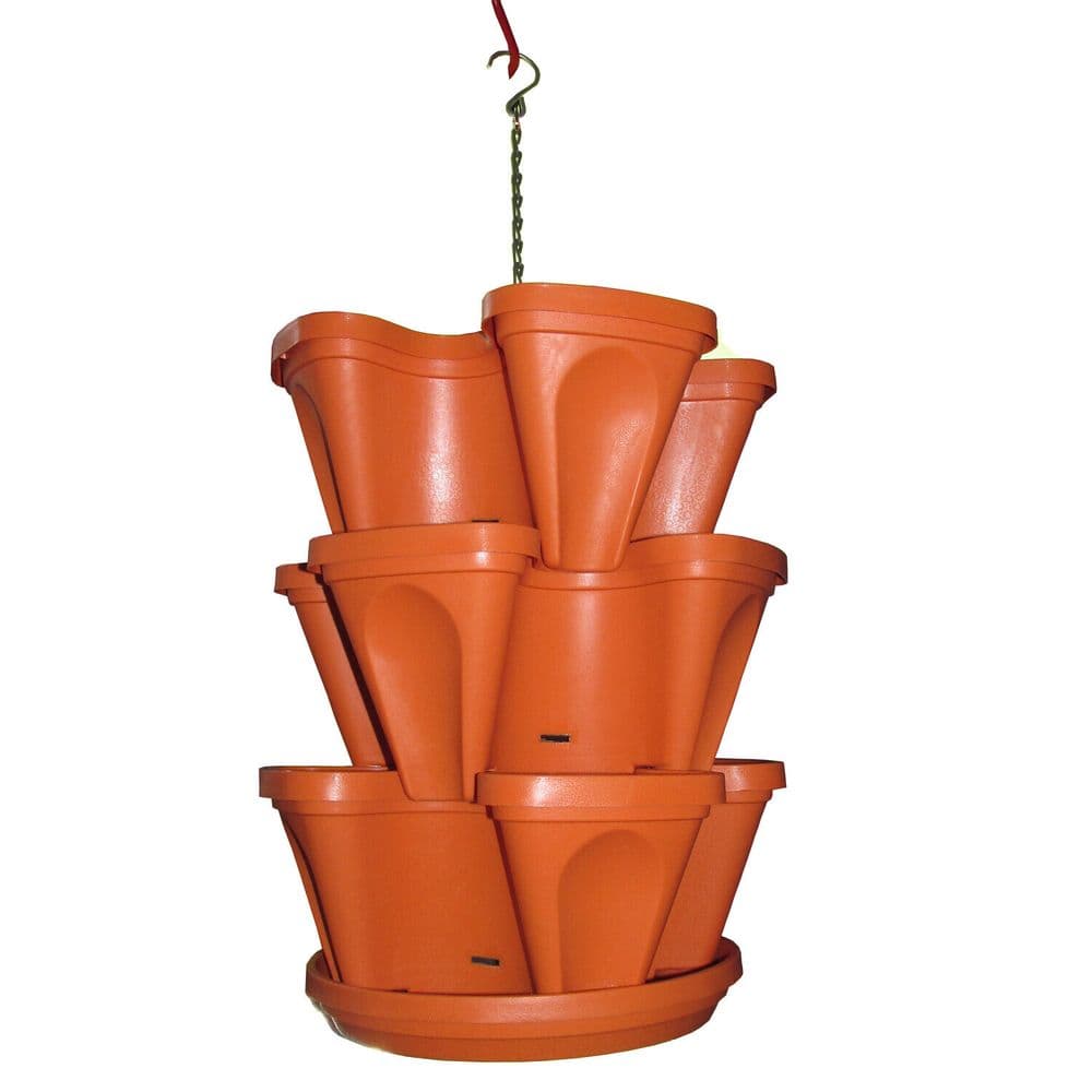 LARGE PLASTIC STACKABLE GARDEN PLANT POTS with HANGING CHAIN and SAUCER